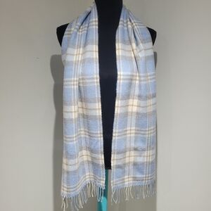 John Hanly Women's 100% Irish Merino Wool Plaid Scarf Blue Gray Cozy Winter NWOT